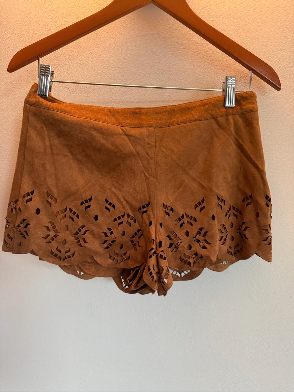 May & July Cognac Faux‎ Suede Laser Cut Eyelet Scalloped Hem Shorts Brown Medium